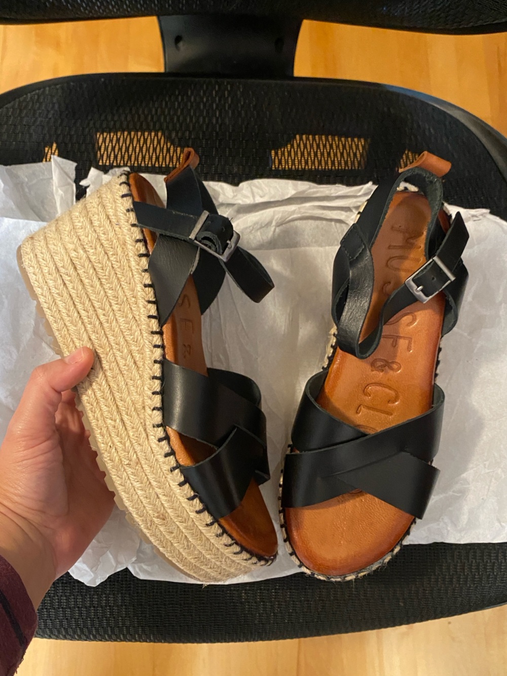 Musse & Cloud Black Leather Espadrille Crisscross Sandals Size 9 NEW
